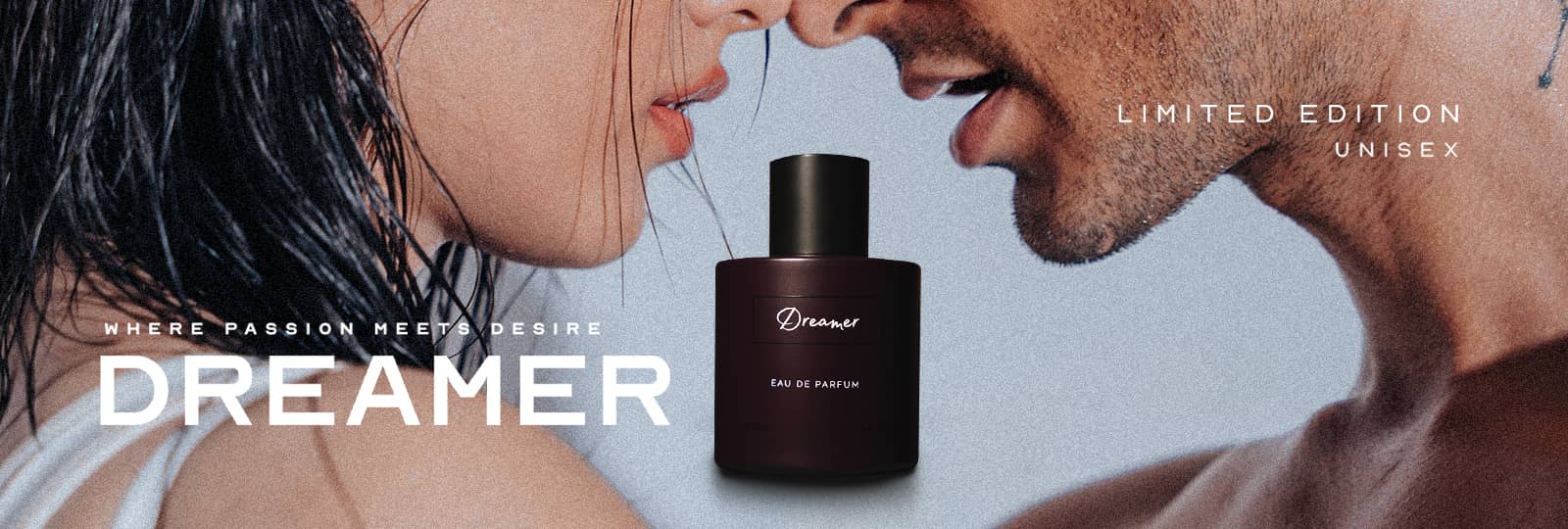 unisex perfume bottle with seductive scent, heading 'Limited edition' critical