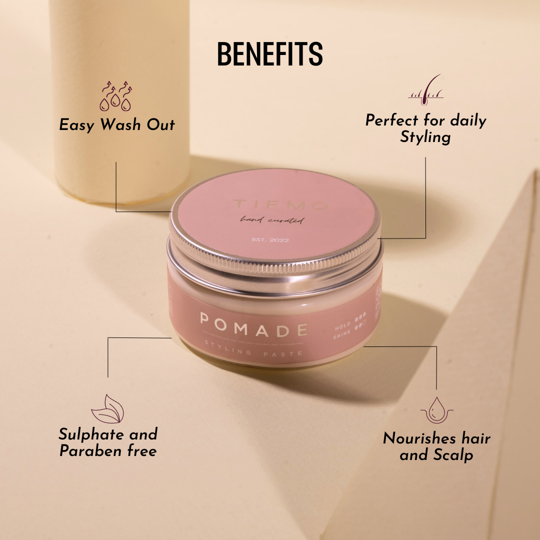 Benefits of Pomade hair cream, firm hold paste on table